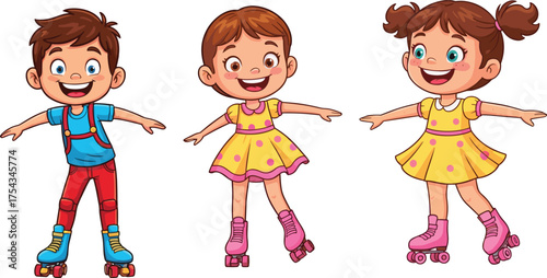 Cartoon children roller skating, playful outdoor activity, colorful outfits, cheerful expressions, childhood sports fun, balance pose, happy movement, energetic skating scene