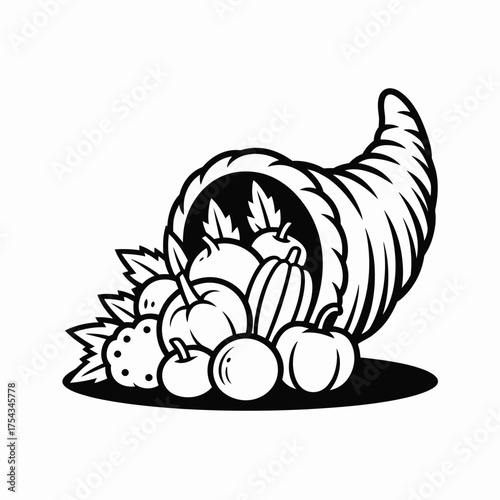 Cornucopia filled with pumpkins squash and autumn leaves black and white illustration