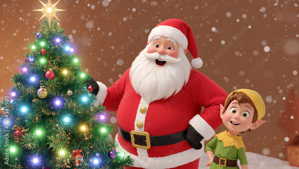 Fototapeta premium Santa Claus and Elf by the Christmas Tree