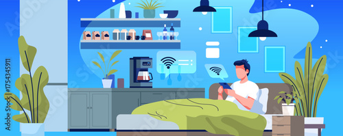 Smart home technology morning routine man using tablet modern bedroom coffee machine plants cozy interior blue background website banner