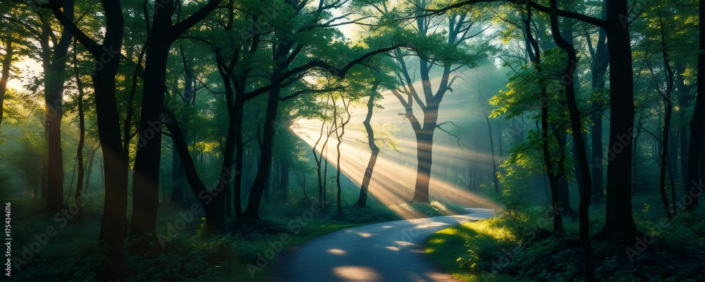 Naklejka premium Sunlight filtering through trees along a winding path in a serene forest during early morning hours