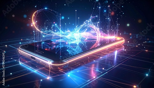 Abstract representation of future mobile communication — glowing network lines connecting transparent phone shapes in 3D space, light trails, data flow, cyber grid background”