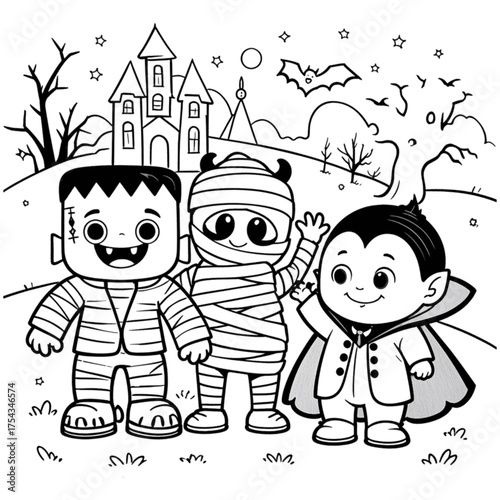 Halloween coloring book illustration set