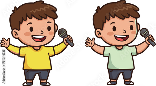 Cartoon children with microphones, singing performance, public speaking, joyful expressions, kids event, music activity, preschool vector, stage presence, vocal fun