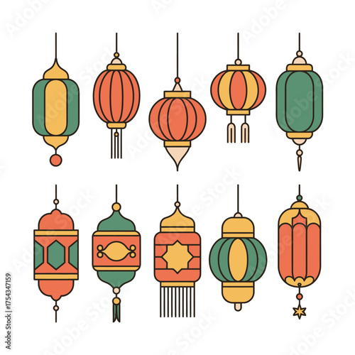 Collection of colorful traditional asian lanterns in a flat design style