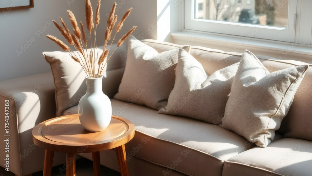 Naklejka premium Cozy living room scene with neutral tones, natural light, and decorative plants in a modern home setting