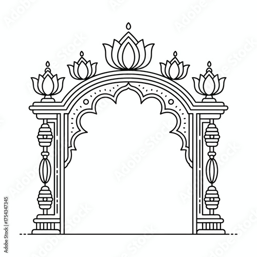 Ornate indian archway with lotus flower decorations in black and white
