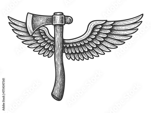 tomahawk axe with wings, symbolizing freedom, power, flight, and warrior spirit sketch engraving generative ai vector illustration. Scratch board imitation. Black and white image.