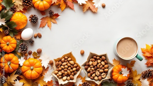 Autumn harvest composition with pumpkins, pine cones, nuts, and a cup of coffee on a white background
