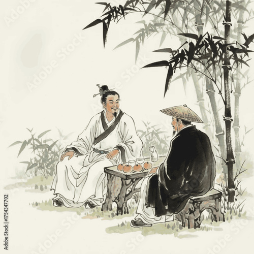 Conversation Over Tea Tea and Conversation in a Bamboo Grove isolated watercolor vector illustration svg
