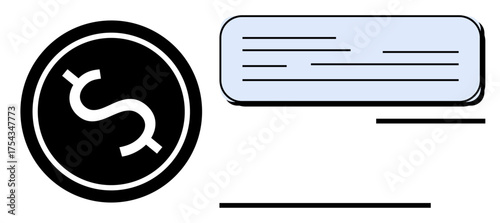 Dollar symbol in a black circle next to a rectangular document with horizontal lines. Ideal for finance, payment, accounting, transactions, loans, online banking, business operations. Simple flat