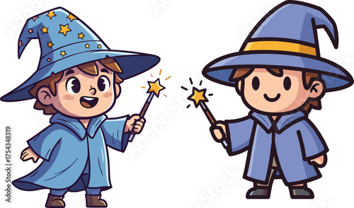 Cartoon wizards casting spells, magical character illustration, fantasy theme, glowing wand, blue robe outfit, playful magic scene, enchanted moment, children’s story art