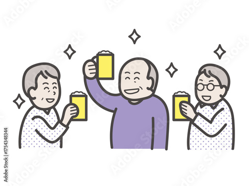 おじさん3人の飲み会のイラスト　ゆるいイラスト