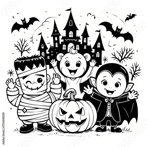 Halloween coloring book illustration set