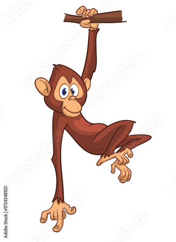 Cartoon funny monkey chimpanzee hanging hand on the tree. Vector illustration isolated on white