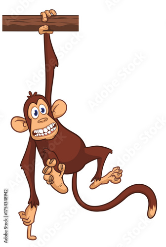 Cartoon funny monkey chimpanzee hanging hand on the tree. Vector illustration isolated on white