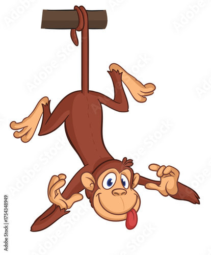 Cartoon funny monkey chimpanzee hanging  on tail on the tree with banana in his hand. Vector illustration isolated on white