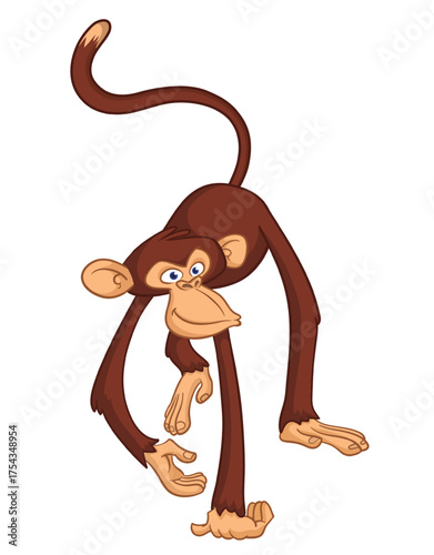 Cartoon funny monkey chimpanzee with cute face expresion. Vector illustration isolated on white