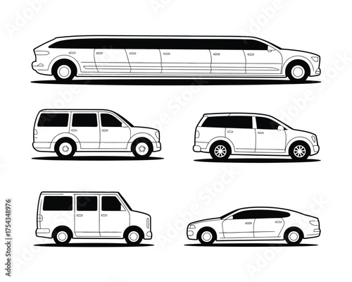 Collection of vehicle silhouettes including limousine suv van and sedan