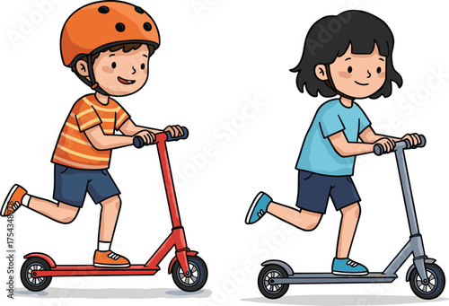 Children riding scooters outdoors, active kids in motion, summer playtime, helmet safety, fun activity, urban park scene, childhood adventure, playful moment