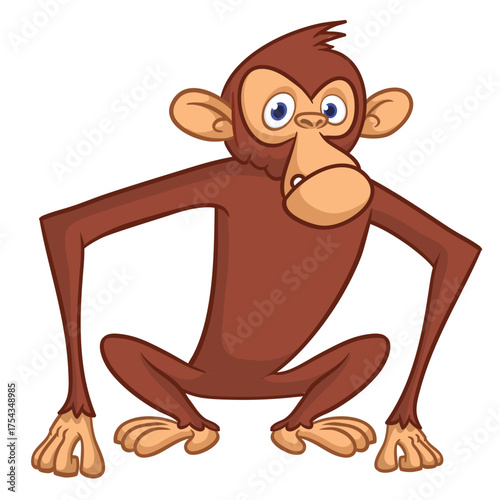 Cartoon funny monkey chimpanzee with cute face expresion. Vector illustration isolated on white