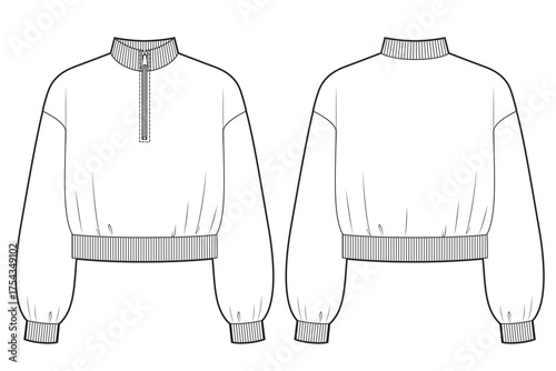Technical flat sketch of half zip up sweatshirt.