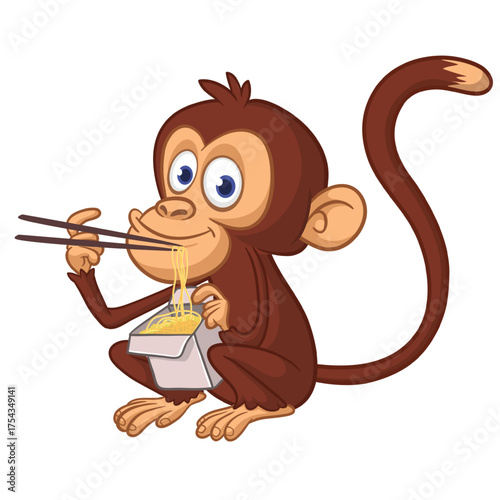 Cartoon funny monkey chimpanzee eating noodles with chopsticks. Vector illustration isolated on white