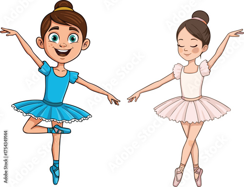 Elegant ballerina girls in colorful tutu dresses, performing graceful ballet poses, showcasing dance movement, emotion, and classical performance in animated vector style