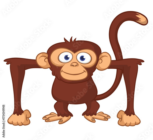Cartoon funny monkey chimpanzee with cute face expresion. Vector illustration isolated on white