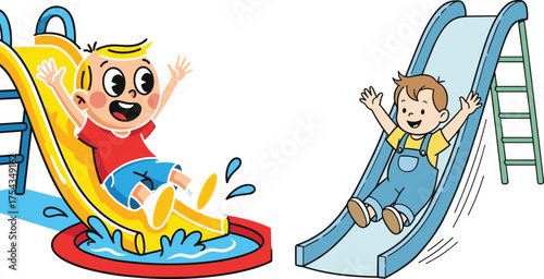Children sliding on water and dry slides, outdoor fun vector for playground activity, summer recreation, happy kids, excitement, and childhood play