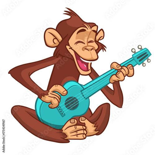 Cartoon funny monkey chimpanzee playing guitar or ukulele and sitting. Vector illustration isolated on white