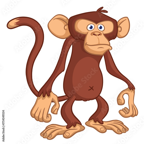 Cartoon funny monkey chimpanzee with cute face expresion. Vector illustration isolated on white