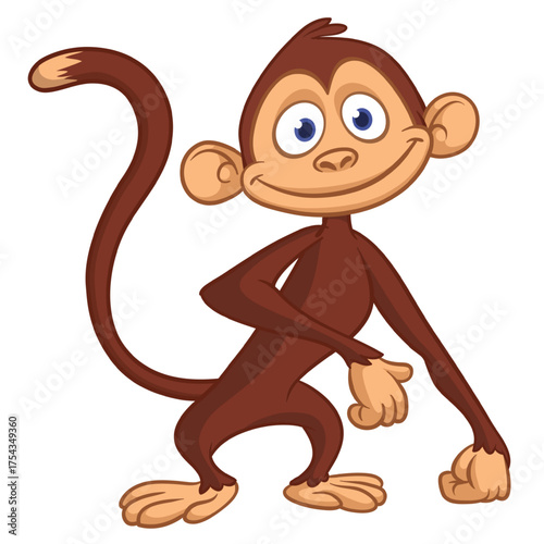 Cartoon funny monkey chimpanzee with cute face expresion. Vector illustration isolated on white