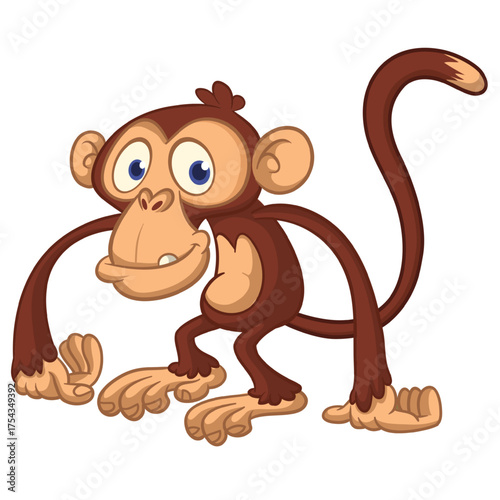 Cartoon funny monkey chimpanzee with cute face expresion. Vector illustration isolated on white