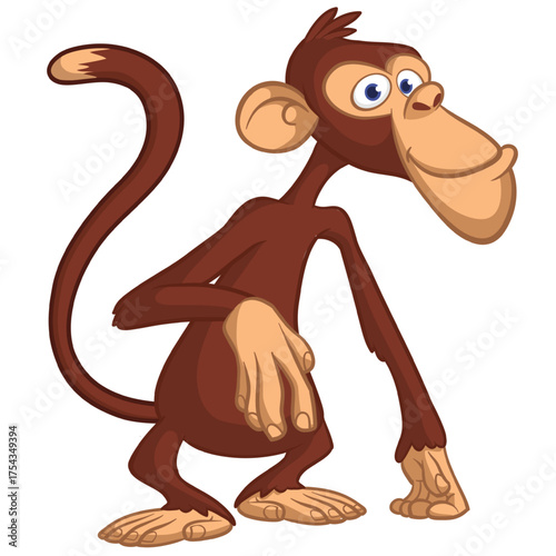 Cartoon funny monkey chimpanzee with cute face expresion. Vector illustration isolated on white