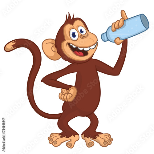 Cartoon funny monkey chimpanzee playing electric guitar and sitting. Vector illustration isolated on white