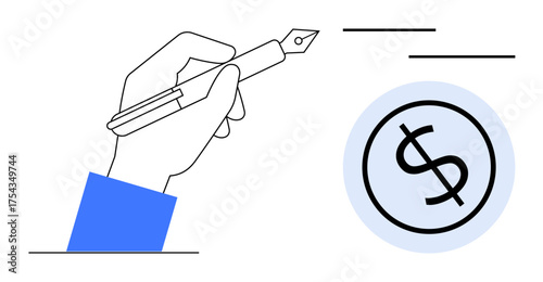 Hand holding a fountain pen near a dollar coin symbolizing financial contract, transaction, or agreement. Ideal for finance, contracts, investment, payment, negotiation, business deals planning