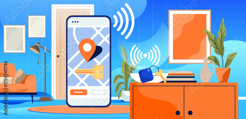 Billede på lærred Smartphone key finder app smart home concept modern living room digital map loca