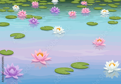 Serene water lilies float on a tranquil pond, viewed from above, surrounded by lush greenery and vibrant flowers.
