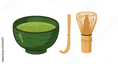 Matcha Tea Set: Bowl Scoop and Whisk Illustration.