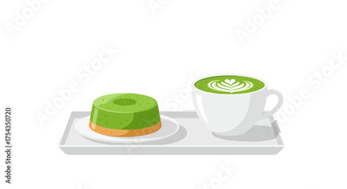 Matcha Latte and Cake on Tray Green Tea Dessert.