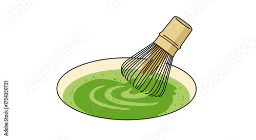 Matcha Tea Preparation with Bamboo Whisk in Bowl Illustration.