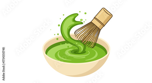 Matcha Tea Preparation with Bamboo Whisk in Bowl Illustration.