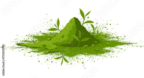 Matcha Powder Pile with Green Tea Leaves Illustration.