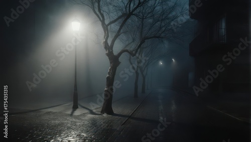 Eerie Night Scene - Foggy Street with Bare Trees and Streetlight.