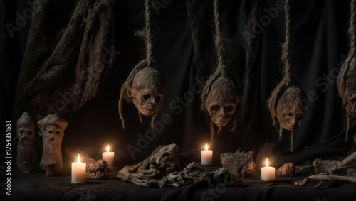 Eerie Voodoo Altar with Skulls and Candles in Dim Light.