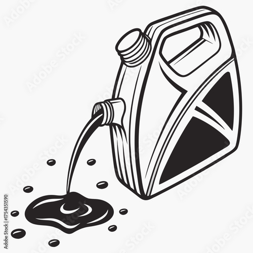 Spilled oil from a container, monochrome graphic