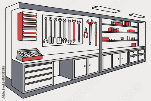Workshop tools organized on a workbench
