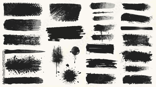 Collection of artistic black paint brush strokes and splatters, ideal for adding texture and grunge effects to creative design projects and digital artwork.
