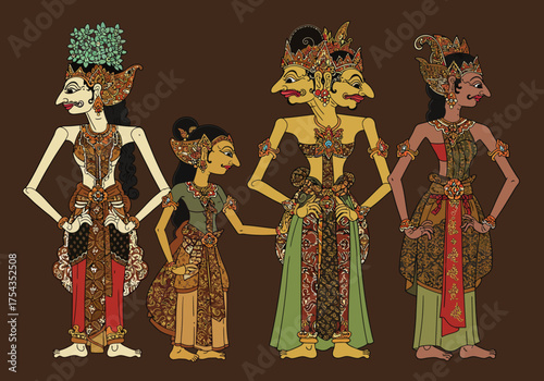 Wayang Kulit Puppets: Traditional Javanese Shadow Play Characters.